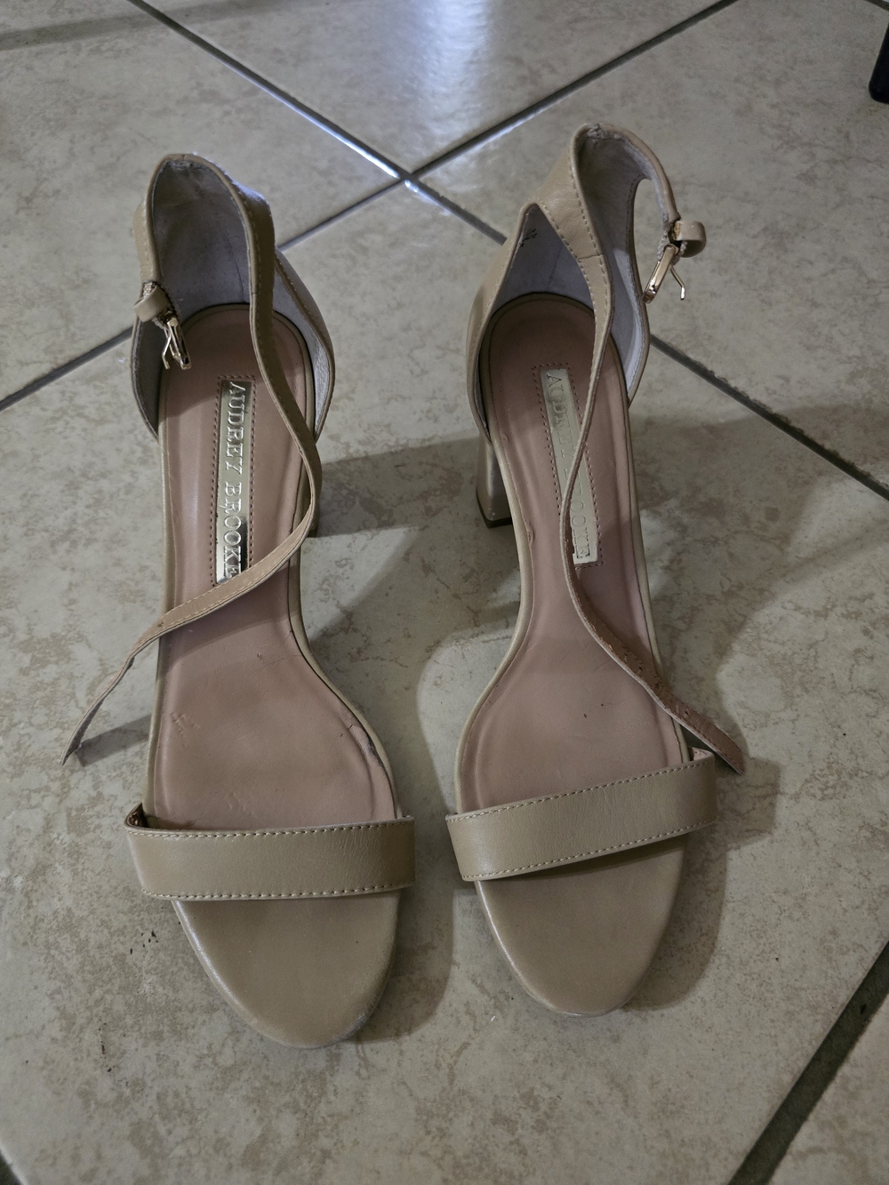Audrey Brooke Nude Beige Ankle-Strap Block Heel Sandals